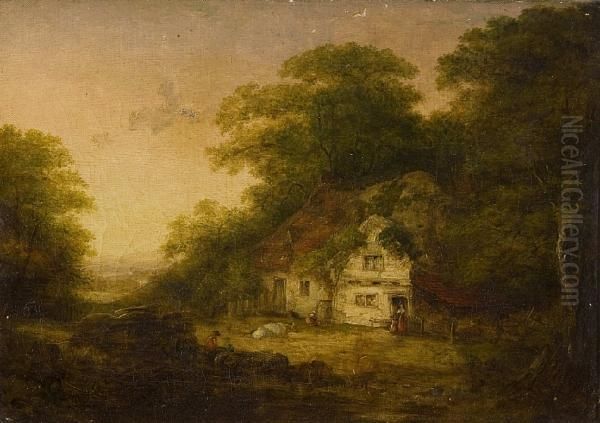 Figures And Cattle Beside A Cottage In A Wooded Landscape - view 1