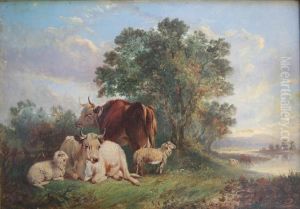 Dearman Cattle And Sheep In A River Landscape Oil On Canvas 25.5 X 36.5cm by John Dearman Birchall
