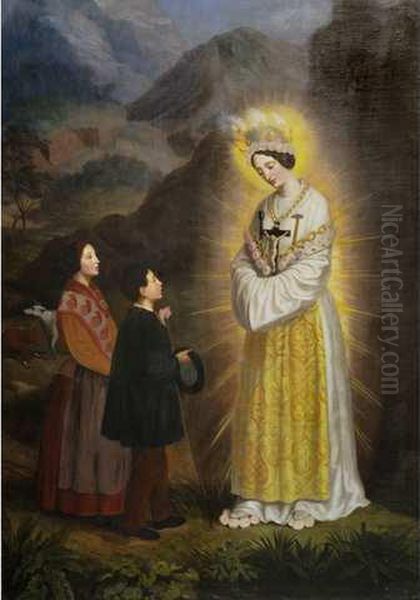 :lapparition A La Salette De La Sainte Vierge Amaximim Giraud Et Melanie Calvat Le 19 Septembre 1846 Huile Surtoile Marouflee Sur Panneau 160 X 112 Cm - view 1