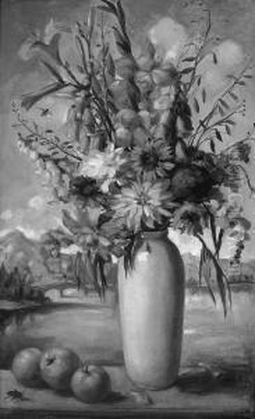 Debus-digneffe, M. "blumenvase Und Apfel Vor Seenlandschaft". Aquarell Und Deckfarben. Sign. 77,5 X 48 Cm. Rahmen - view 1