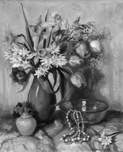 E, M. "stillleben Mit Blumen, Glasschale Und Perlenkette". Gouache. Sign. 60 X 50 Cm. Rahmen by Maria Debus-Digneff