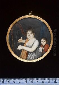 A Lady, Wearing Decollete Grey Dress With White Sleeves, Drop Pearl Earrings, Her Hair Upswept, Playing A Harp, Her Son Beside Her, Wearing Red Jacket, Grey Waistcoat, Black Chemise, Holding Sheet Music, With Blue Curtain In Background.