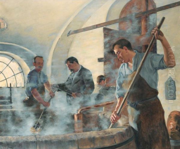Le Demelage, Brasseurs A Bethencourt [ ; Mashing At The Brewery Of Bethencourt (north Of France) ; Oil On Canvas Signed And Dated '92] - view 1