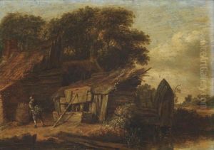 A Wooded River Landscape With A Figure Outside A Cottage by Cornelius Decker