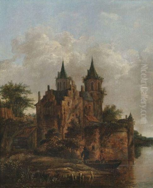 Altes Wasserschloss Mit Hochaufragenden Turmen Bei Bewolktem Himmel - view 1