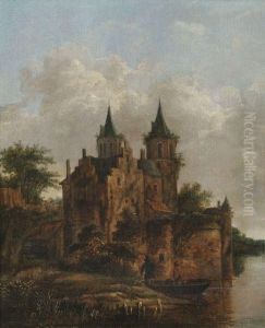 Altes Wasserschloss Mit Hochaufragenden Turmen Bei Bewolktem Himmel