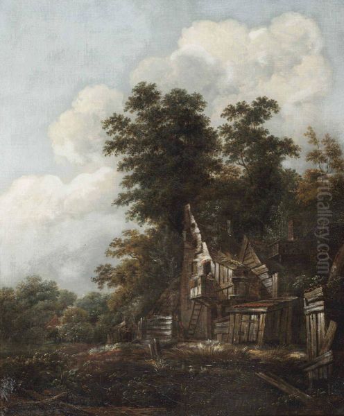A Wooded Landscape With Figures Outside A Ruinous Cottage Remains - view 1