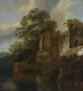 A Figure Standing By A Stone House Along A River A Figure Standing By A Stone House Along A River