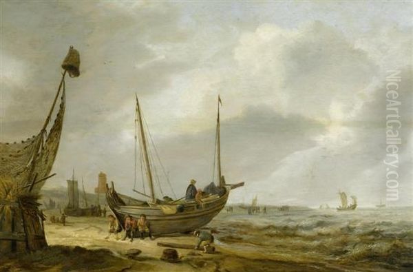 Coastal Landscape With Fishermen Near Their Boat On The Beach - view 1