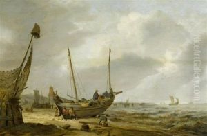 Coastal Landscape With Fishermen Near Their Boat On The Beach by Cornelius Decker