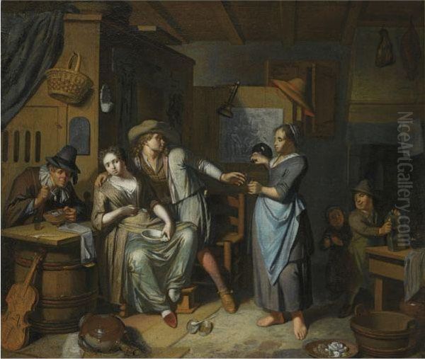 A Household Scene With A Maid Pouring A Glass For A Man Carousing Aseated Woman Holding A Bowl, Another Man Seated Lighting His Pipe,and Two Children In The Background - view 1