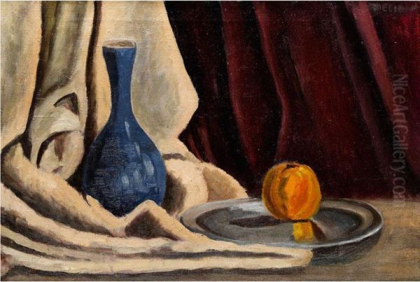Stilleben Mit Blauer Porzellanvase Undapfel Auf Einem Zinnteller - view 1