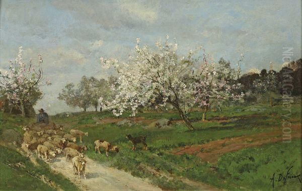 Troupeau De Mouton Pres Des Arbres En Fleur by Alexandre Defaux