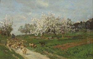 Troupeau De Mouton Pres Des Arbres En Fleur by Alexandre Defaux