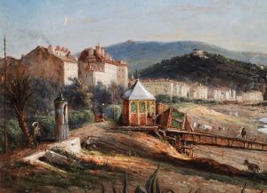 Uferlandschaft Mit Am Strand Stehenden Badekarren In Der Bucht Von Nizza by Jules Defer