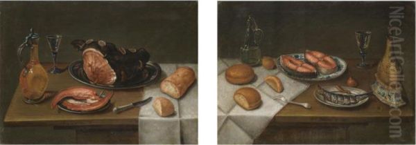 A Still Life With Salmon Steaks, A Sardine, Bread Roles, An Onion, A Roemer, A Glass Pitcher And A Fork On A Partly Draped Table;
A Still Life With A Ham, Tongues, A Loaf Of Bread, A Knife, A Glass And A Glass Jug On A Partly Draped Table - view 1