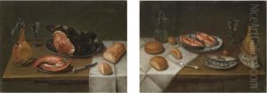 A Still Life With Salmon Steaks, A Sardine, Bread Roles, An Onion, A Roemer, A Glass Pitcher And A Fork On A Partly Draped Table;
A Still Life With A Ham, Tongues, A Loaf Of Bread, A Knife, A Glass And A Glass Jug On A Partly Draped Table by G.C. Deflans