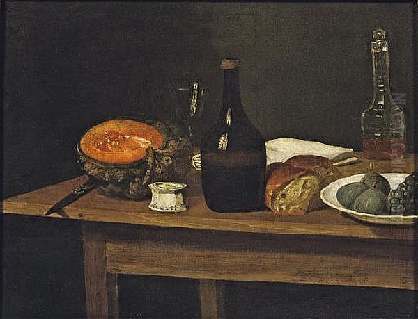 Two Bottles, An Empty Wine Glass, A Knife, A Slice Of Pumpkin, A Half Loaf Of Bread, A White Napkin With Figs And Black Grapes In A White Porcelain Bowl, All On A Wooden Table - view 1