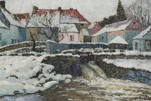 Winter City View With Cascade by Henri Deglume