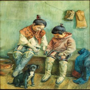 Two Little Girls From Greenland Playing With Their Dolls by Christine Deichmann