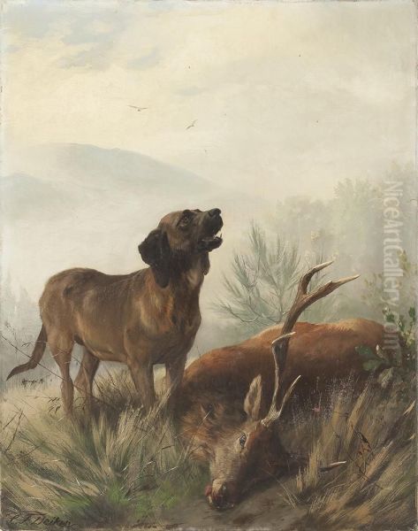 Jagdhund Mit Erlegtem Hirsch - view 1