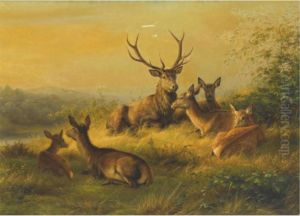 A Stag And Does Resting In A Landscape by Johannes Christian Deiker