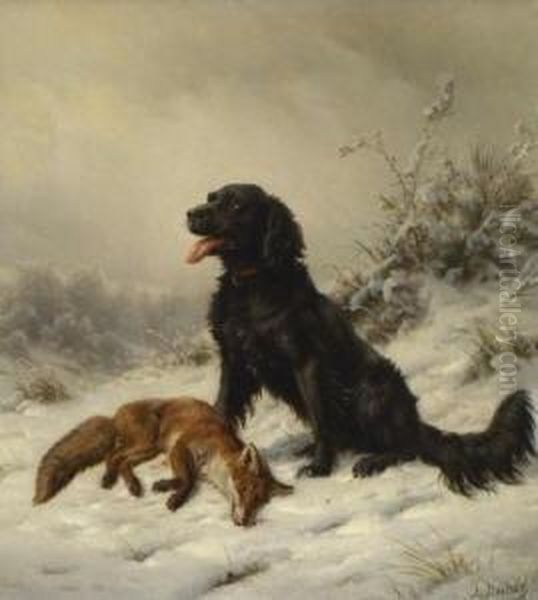 Jagdhund Mit Erlegtem Fuchs In
Winterlandschaft. - view 1