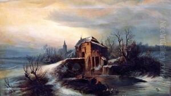 Winterlandschaft Bei Dammerung, Mit Gebaude Und Personen, Teils In Einem Kahn Sitzend - view 1