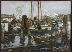 A Busy Harbour Scene by Eugene Dekkert