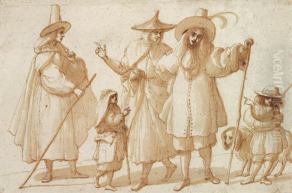A Group Of Elegantly Dressed Figures With Two Children And Adog - view 1