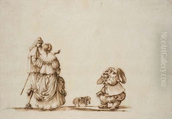 Un Couple Marchant Avec Un Chien, Un Nain Devant Eux - view 1