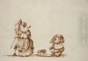 Un Couple Marchant Avec Un Chien, Un Nain Devant Eux by Baccio del Bianco