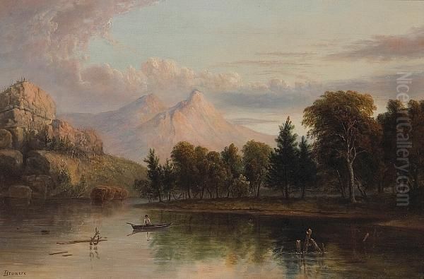 A Lone Figure In A Rowboat With Mountains Beyond - view 1