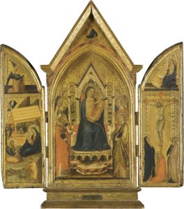 The Madonna And Child Enthroned With Saint Nicholas Of Bari, Two Female Saints, Saint George by Jacopo Del Casentino