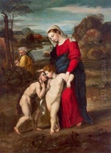 La Sacra Famiglia Con San Giovannino In Un Paesaggio by Raffaello De'Carli Del Garbo