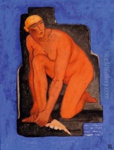 Nu Agenouille Sur Fond Bleu by Felix Aime Del Marle