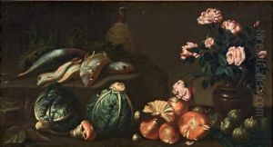 Natura Morta Con Fiori, Ortaggi E Pesci by Simone Del Tintore