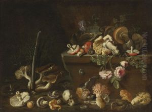 Still Life With Mushrooms And Flowers by Simone Del Tintore