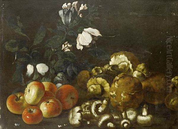 A Still Life Of Apples, Mushrooms Andflowers - view 1