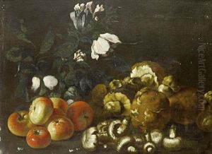 A Still Life Of Apples, Mushrooms Andflowers by Simone Del Tintore