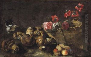 Still Life With Mushrooms, Fruit, A Basket Of Flowers And Acat by Simone Del Tintore