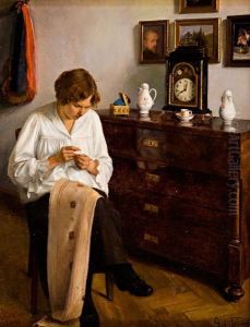 Interno Di Casa Con Donna Che Cuce