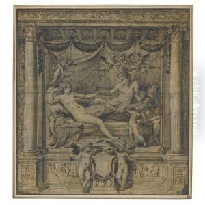 Jupiter And Juno Reclining In An Alcove Attended By Amorini, Twoothers Holding A Heraldic Shield Below by Perino Del Vaga (Pietro Bonaccors