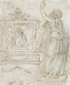Studienblatt Zu Einem Altarentwurf Mit Der Heiligen Familie Und Johannes Dem Taufer by Perino Del Vaga (Pietro Bonaccors