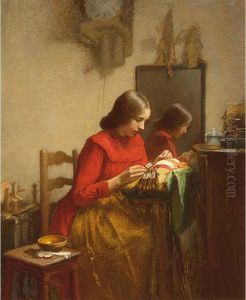 An Interior With A Girl Making Lace by Leon Delachaux