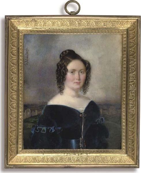 A Young Lady, In Off-the-shoulder Blue Velvet Dress With Lace-bordered White Underdress, Blue Belt Fastened With Gold Buckle, Gold Brooch And Chain Pinned At Corsage, Her Dark Hair Dressed In Ringlets And Upswept In A Plaited Knot; Hill And Town Backgroun - view 1