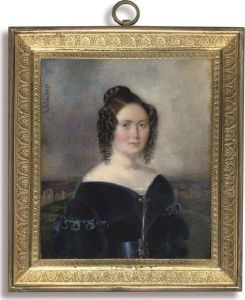 A Young Lady, In Off-the-shoulder Blue Velvet Dress With Lace-bordered White Underdress, Blue Belt Fastened With Gold Buckle, Gold Brooch And Chain Pinned At Corsage, Her Dark Hair Dressed In Ringlets And Upswept In A Plaited Knot; Hill And Town Backgroun