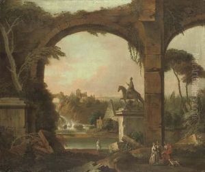 An Architectural Capriccio With Roman Ruins And Figures Conversingin The Foreground by William Delacour