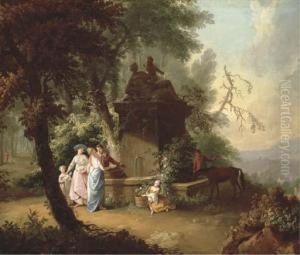 An Extensive Landscape With Elegant Company By A Fountain In A Wooded Glade by William Delacour
