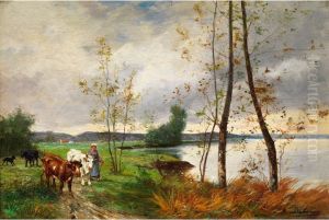 Uferlandschaft Mit Jungen Birken Und Einer Magd, Die Kuhe Weidet by Auguste Delacroix